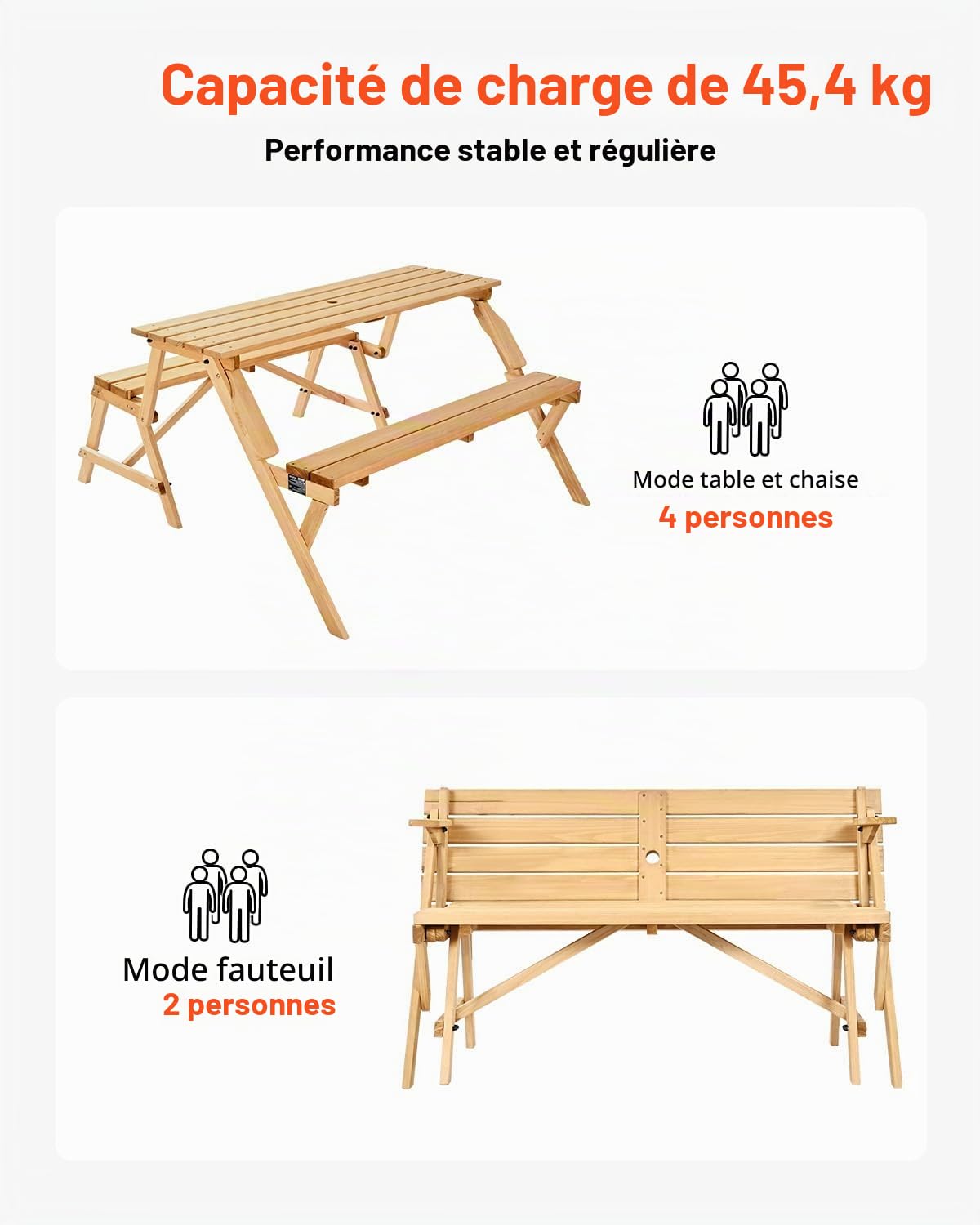 VEVOR Table de Pique-Nique Interchangeable 2 en 1 Transformable, Ensemble Table et Banc d'extérieur en Bois, Banc Pliable Portable avec Trou pour Parasol, pour Jardin, arrière-Cour, Porche, Marron