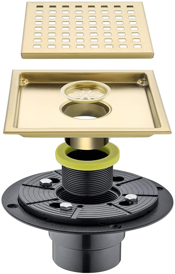 SEABEFORE Shower Drain 6 Inch Brushed Gold,Stainless Square Shower Floor Drain Kit with Tile Insert Grate Removable Multipurpose Invisible Look or Flat Cover, with Threaded Adapter by SEABEFORE - Used condition - Image 2
