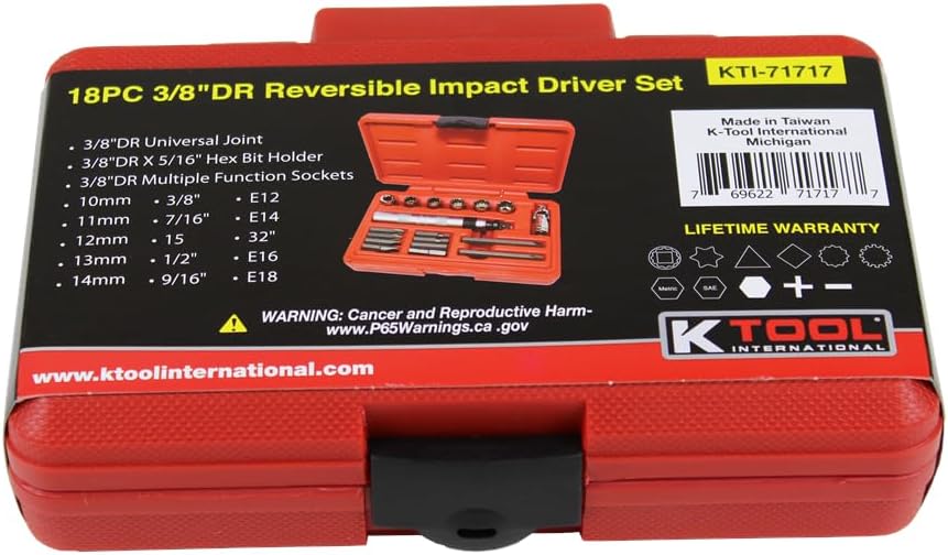 K Tool International 71717 3/8" Drive Impact Driver Set with Multi-Function Sockets for Garages, Repair Shops and DIY, Reversible, High Torque, Chrome Vanadium Steel, Molded Case, 18 Piece