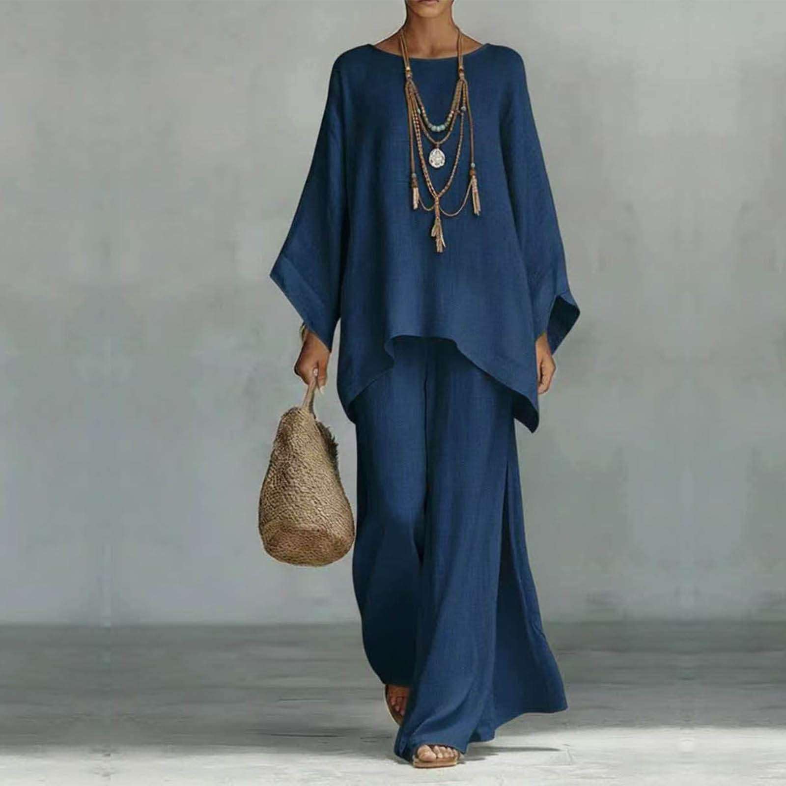 Générique Ensemble Femme 2 Pièces Été Élégant Coton Lin Rétro Boho Kaftan Col Rond Manches Chauve-Souris Pantalon Large Ample Tenue de Plage Vacances Voyage Vêtement Chic Décontracté
