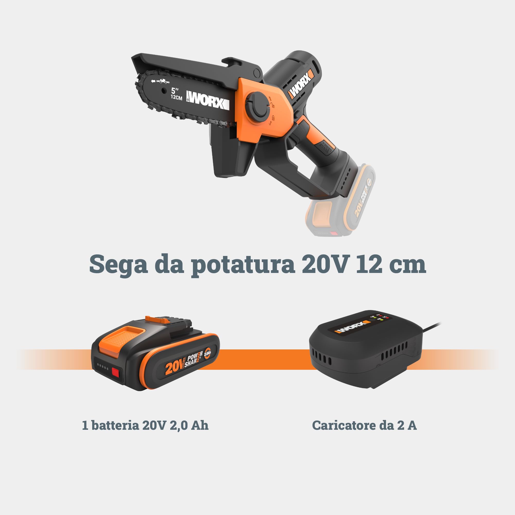 WORX WG326E.9 - Mini motosega a batteria 20 V, lunghezza di taglio 12 cm, cambio catena senza attrezzi, velocità della catena 7,6 m (senza batteria e caricatore)