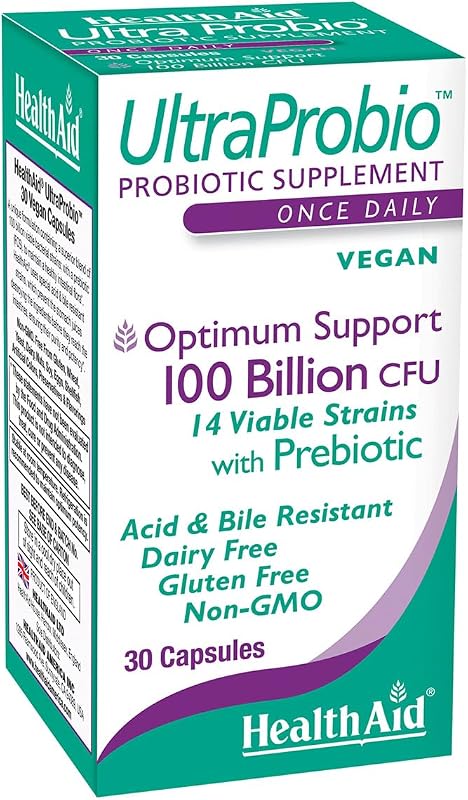 HealthAid UltraProbio, 100 Billion 30ct Once Daily Capsules, Optimum Support, 100 Billion with Prebiotic, Acid & Bile Resistant, Non-GMO