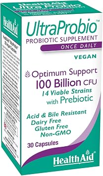 HealthAid UltraProbio, 100 Billion 30ct Once Daily Capsules, Optimum Support, 100 Billion with Prebiotic, Acid & Bile Resistant, Non-GMO
