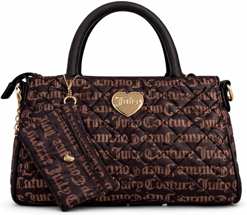 Juicy Couture Love Your Couture Satchel, Quilted Logo Handbag with Top Handles, Crossbody Strap & Card Holder, 11 x 7 Inches