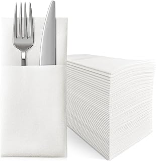 PEACHICHA White Dinner Napkins, Table Dinner Napkins, Linen-Feel Disposable Napkins with Built-in Flatware Pocket, Absorbent Paper Napkins for Party, Wedding, Pack of 50