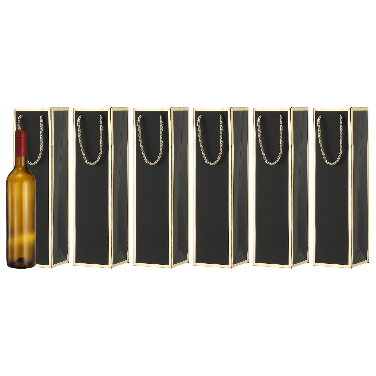 sourcing map 13.7" x 3.7" x 3.5" Wine Gift Bag, 6Pcs Gold Edge Wine Bags Gift Tote Carrier Bottle Bag with Handles Bulk for Wedding Party Supplies, Birthday Holiday, Black