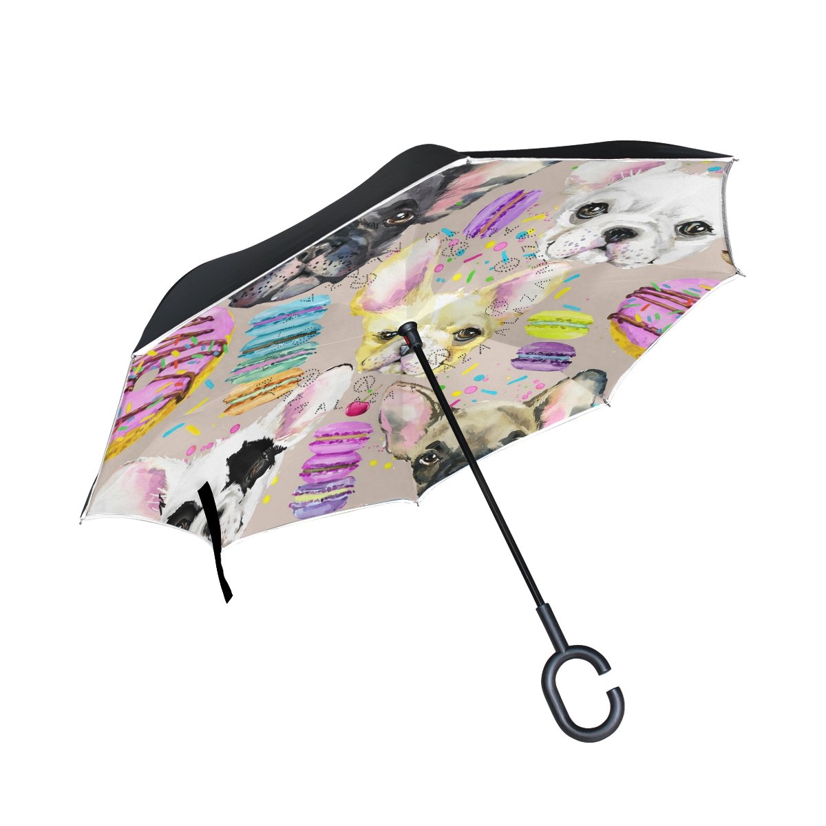 Funny French Bulldog Puppy Windproof UV Proof Reverse Folding Umbrella, Double Layer Travel Inverted Umbrella with C Shape Handle for Car Use