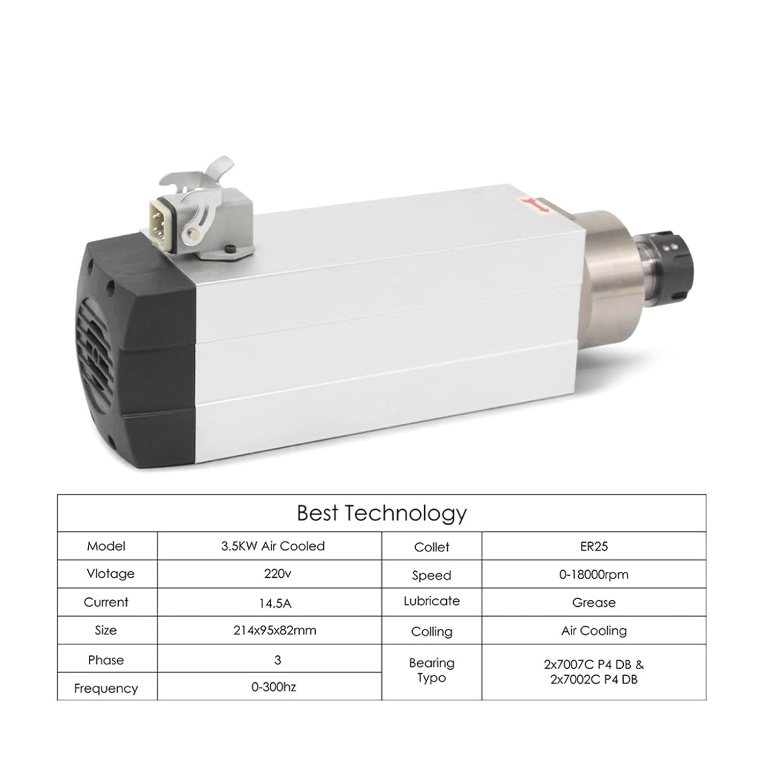 3.5KW ER25 Air Cooled Spindle Motor Ceramic Bearings Square Type Without/with Flange for CNC Milling Machine