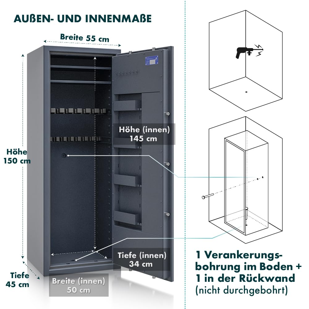 SafeHero Secureo Hawk 16 XL Waffenschrank Klasse 0 EN 1143-1 für Langwaffen mit Elektronikschloss