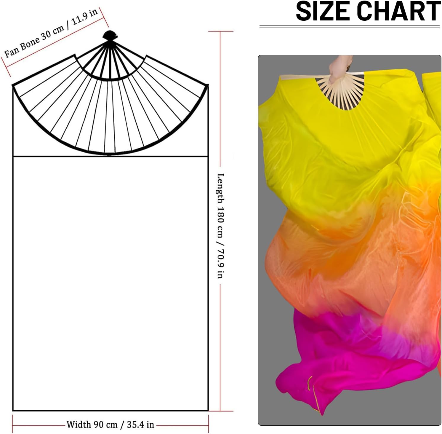 1 Pair Women Real Silk Belly Dance Fan Veils - Handmade Long Bamboo Fans for Professional Dancing 180cm * 90cm (Left+Right) - Image 4