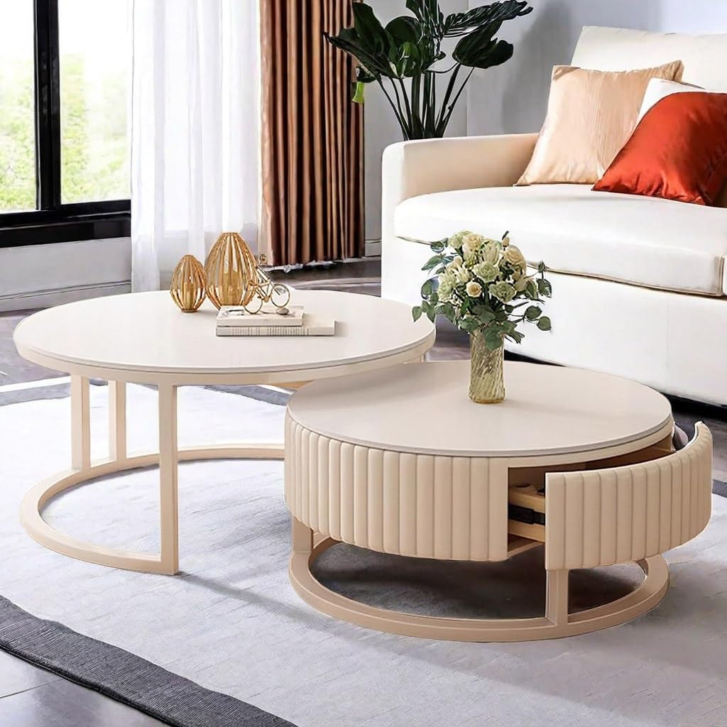 YITAHOME Salontafel, set van 2, rond, woonkamertafel, modern, met stoffen tas voor opbergruimte, bijzettafel, set van 2, stapelbaar met houten plaat en metalen frame, bank, tafel, woonkamer