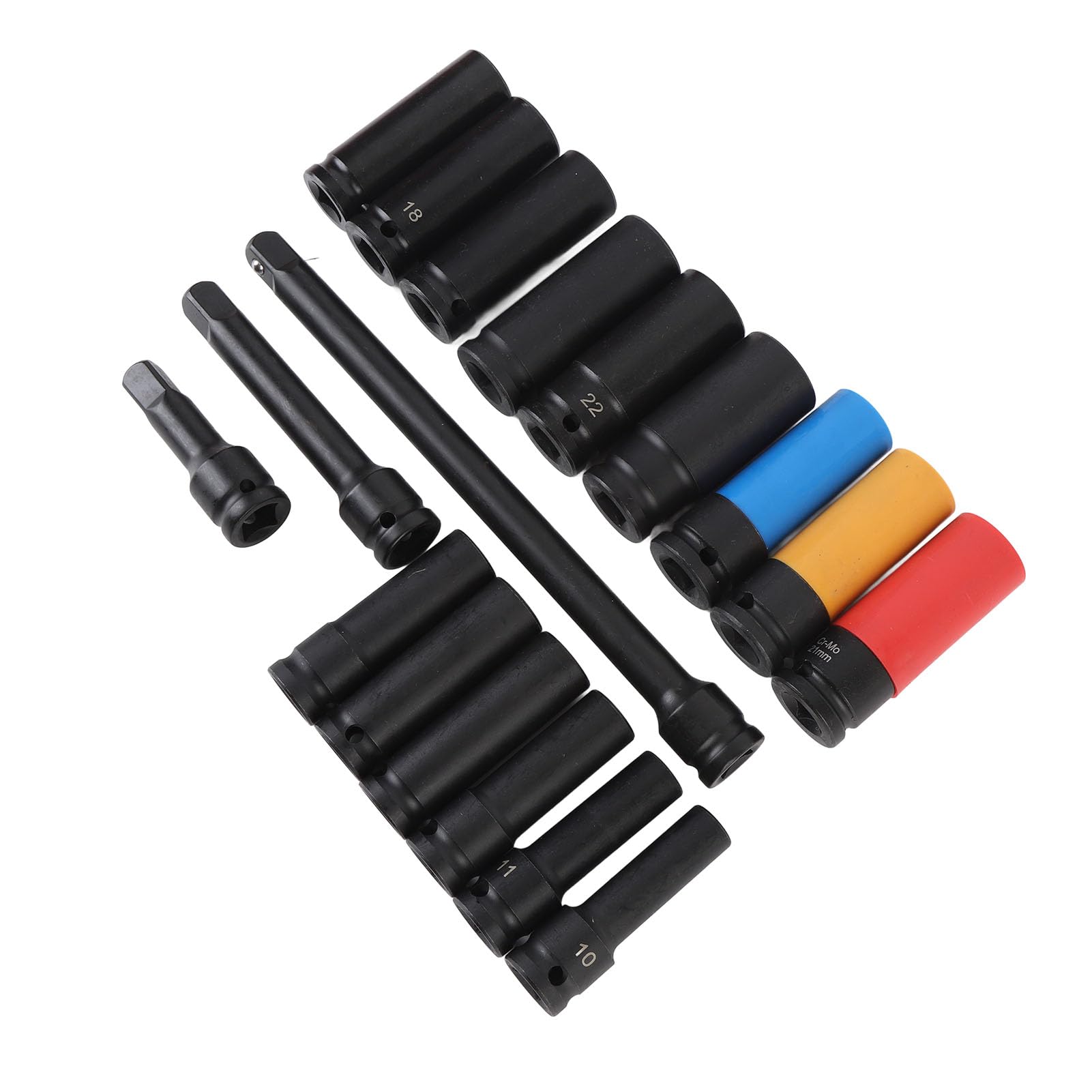 Drfeify 18 szt. 1 2-calowy Zestaw Nasadek Udarowych CRV Metryczny Zestaw Nasadek Udarowych 10 do 24 Mm 6-punktowy z Przedłużaczami 3 Cali 5 Cali 10 dla Mechaników Naprawy Samochodów