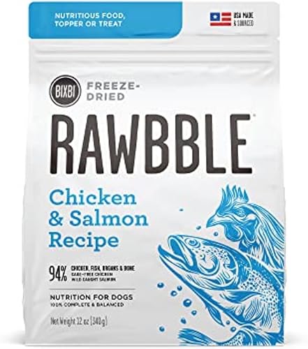 BIXBI Rawbble - Alimento liofilizado para perros, receta de pollo y salmón, 12 onzas, 94% de carne y órganos, sin rellenos, alimento crudo para