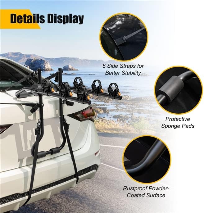 Miniatura 8 de Portabicicletas montado, soporte para 3 bicicletas con longitud y ángulo ajustables, cunas protectoras, correas de fijación, portaequipajes de