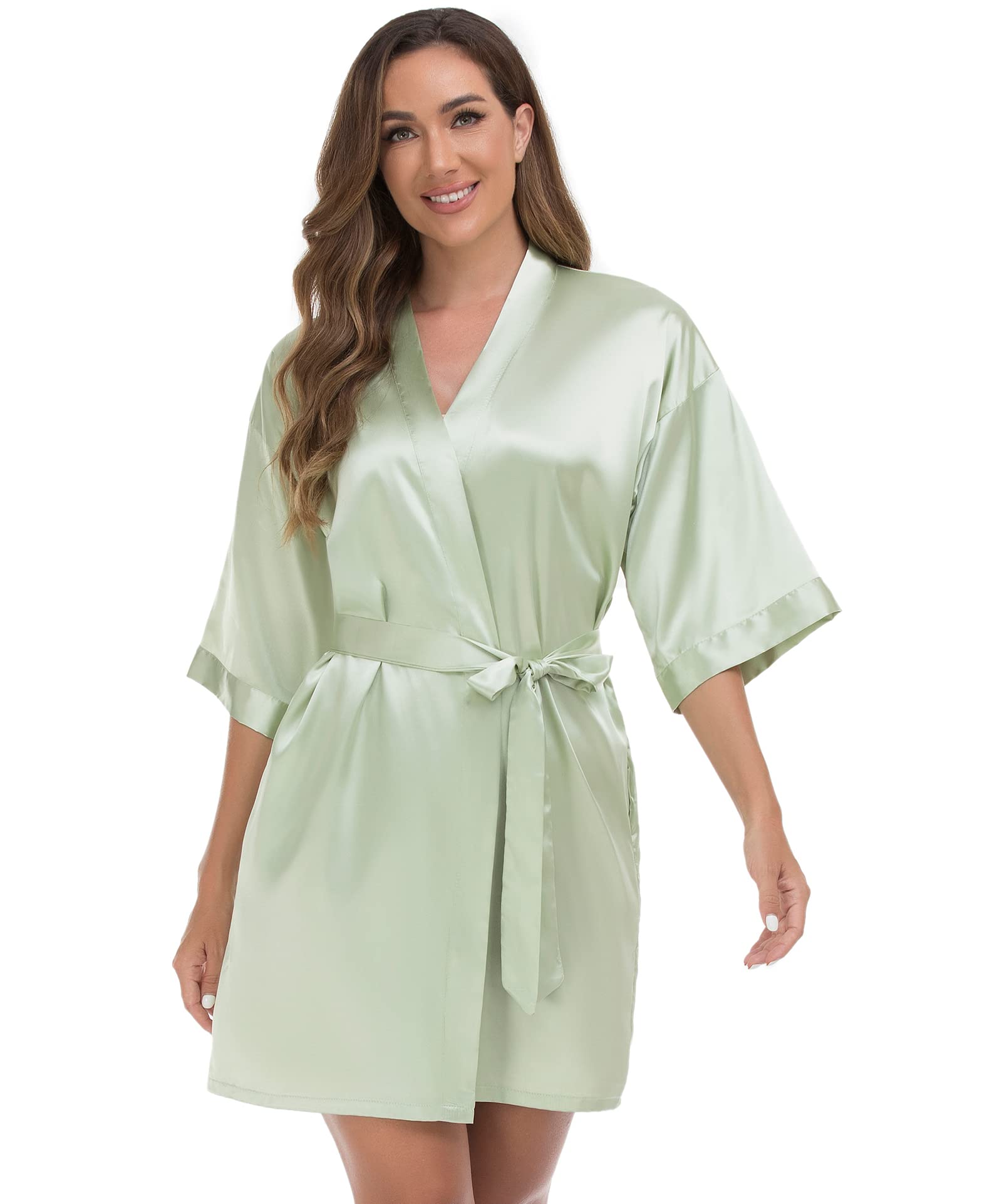 VOGUEMAX Womens Short Kimono Robe Silky Satin Bathrobe Bride Bridesmaids Getting Ready Sleepwear Soft Nightgown