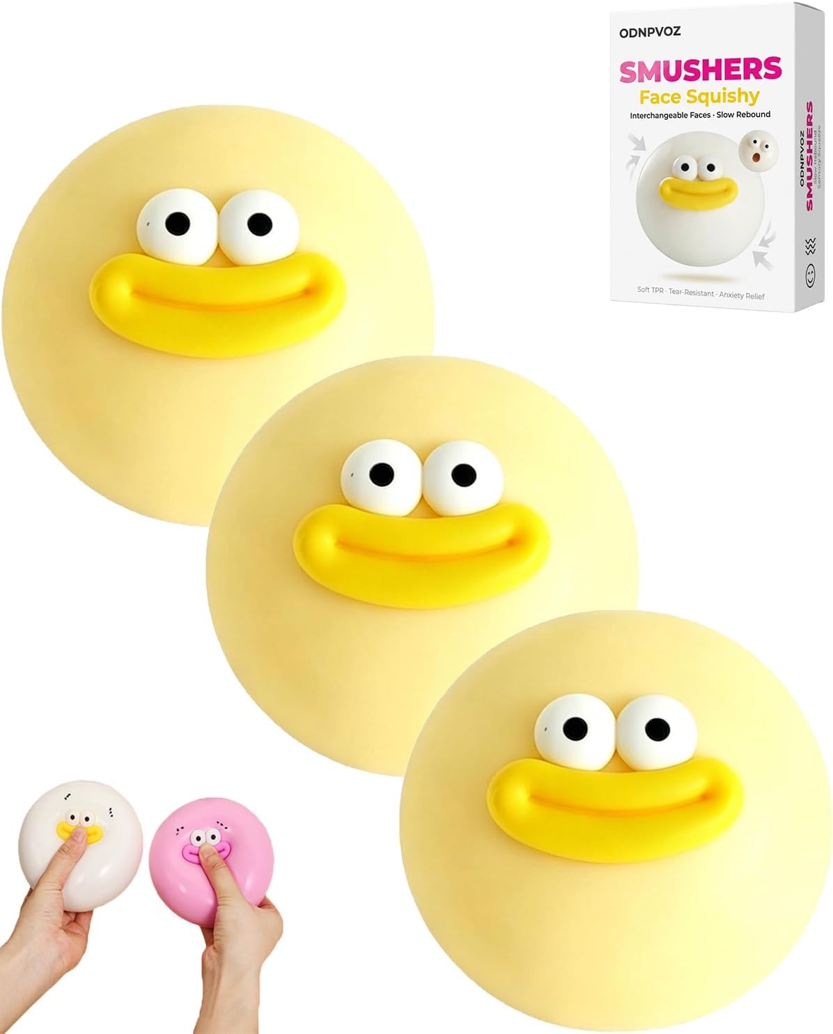 Smushers Face Squishy Soft Squeeze Stress Relief Desk Accessory Slow Rising Texture Sensory Toy Interchangeable Faces Large Rebound Ball Fidget Adults Kids Anxiety Novelty Gift Ultimate(Yellow,3 Set)