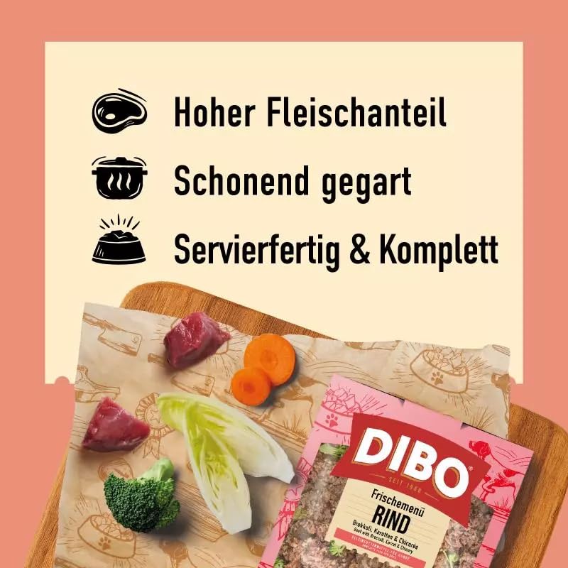 DIBO Frischemenü Rind 8kg (20 x 400g) - Tiefgekühltes Komplettmenü mit Rind, Reis & Gemüse – Omega‑3‑reiches Hundefutter - Sous‑Vide gegart - Ohne Getreide & Zusatzstoffe