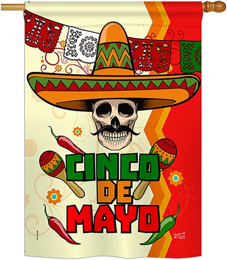 H137045 Calavera Cinco de Mayo Decorative Vertical House Flag, 28" x 40", Multicolor