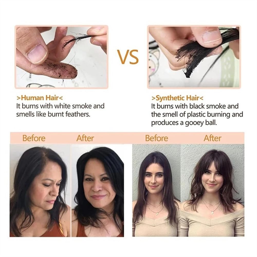 Flequillo Postizo Pelo Natural Topper de cabello humano de 10 pulgadas con flequillo, 9 × 14 CM Base de encaje suizo transpirable Piezas de cabello Remy rectas con flequillo Clip en adornos de cabello
