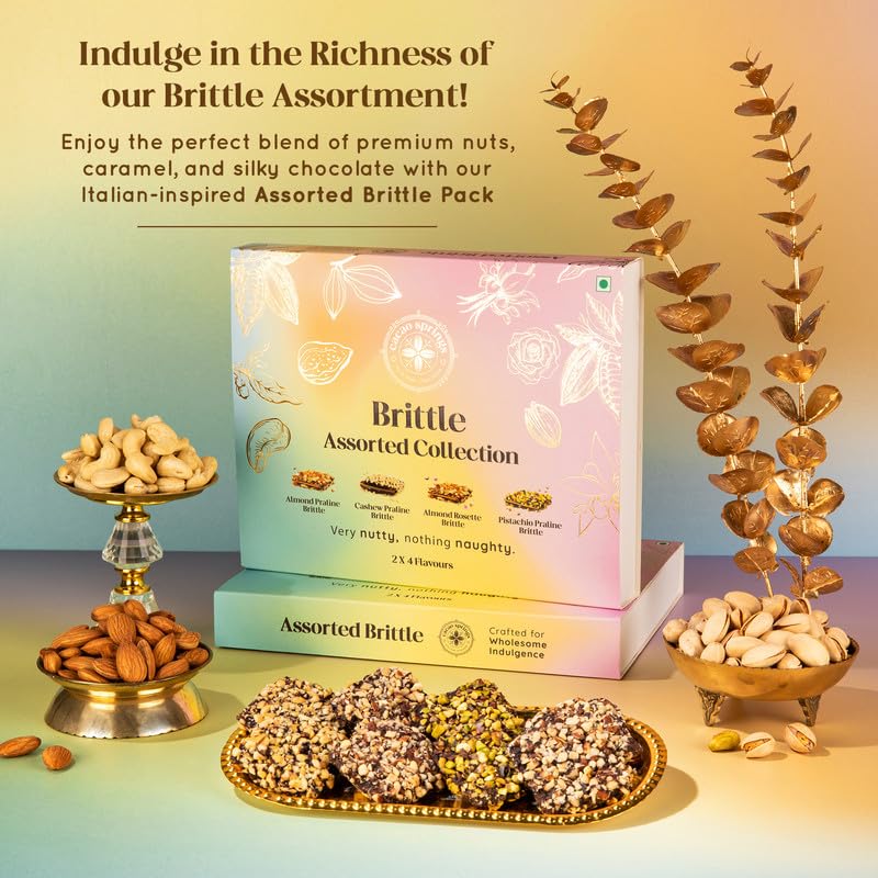 Image of Cacao Springs Assorted Brittle Collection Choco Box (Almonds, Cashew, Pista & Rose), Combo Choco & Nut Delicacy Treats, Premium Gift Hamper for Christmas Gifts, 8 Pieces in Each, 1 Box, 112gm