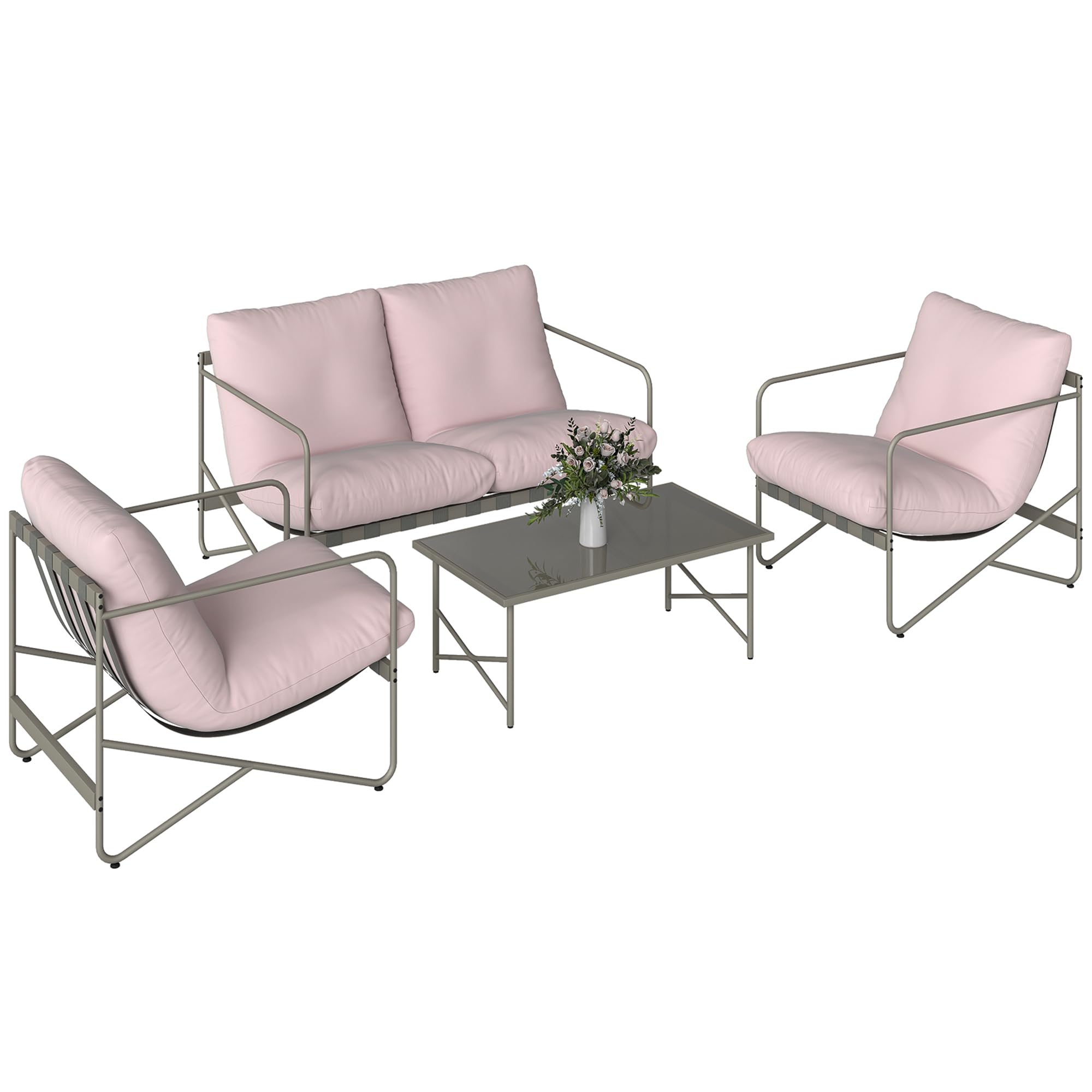 Outsunny Conjunto de Jardín Exterior de 4 Piezas con Sofá de 2 Plazas Rosa | Muebles Jardín Exterior, 2 Sillones, Mesa de Vidrio Templado, Cojines Gruesos, para Terraza