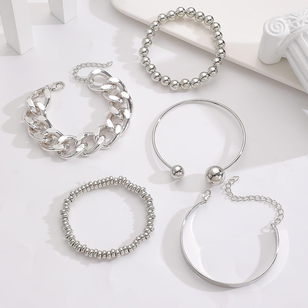 GYRMMUE 5Pcs Gold Stackable Bracelets for Women Vintage Boho Chunky Bangle Bracelets Set Hip Hop Gothic Punk Cuban Paperclip Beaded Cuff Bracelet Birthday Party Prom Wedding Halloween Holiday Jewelry - Image 4