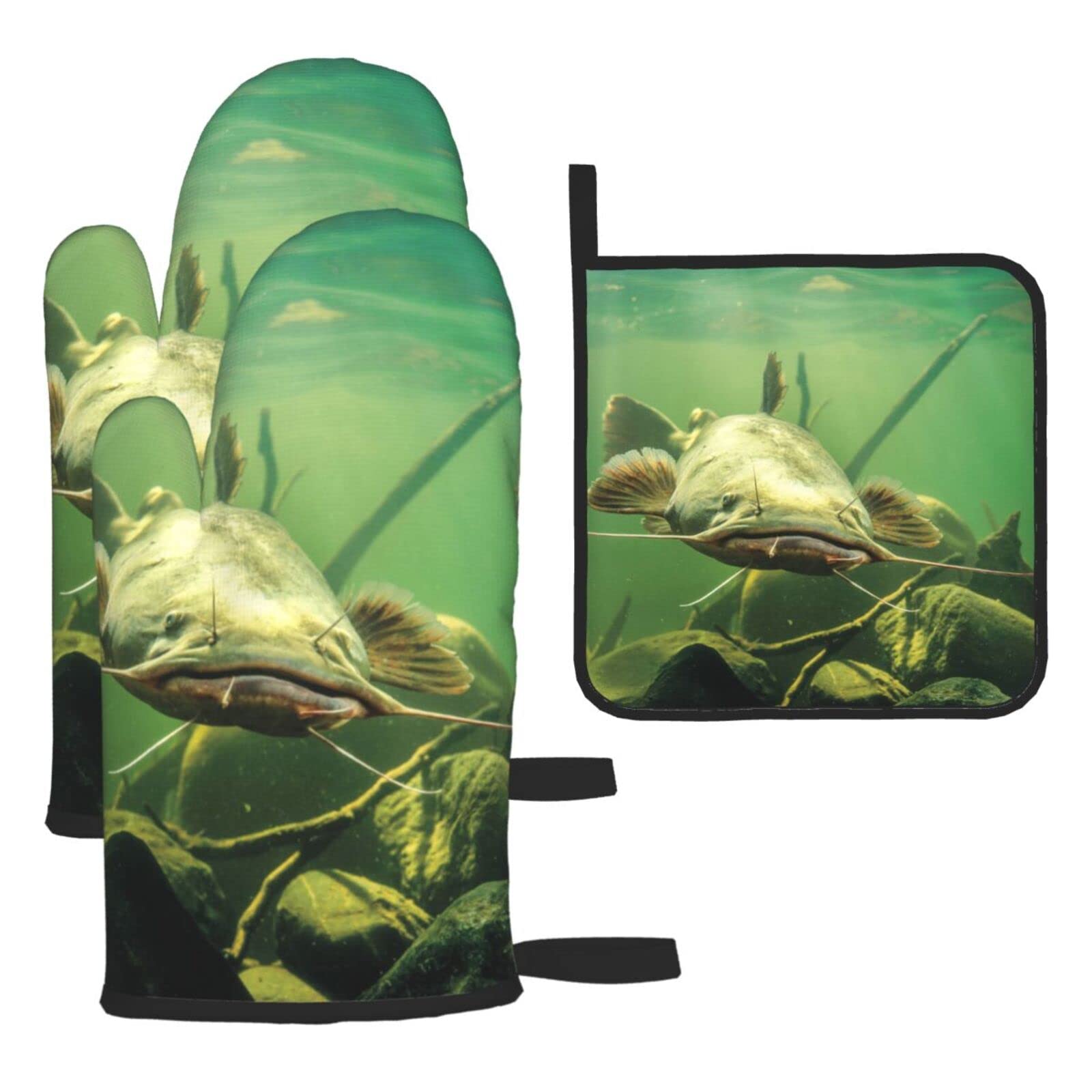 Underwater Catfish Printed Kitchen Baking Three-Piece Heat-Resistant Thick Cotton Oven Gloves for Cooking and Baking.