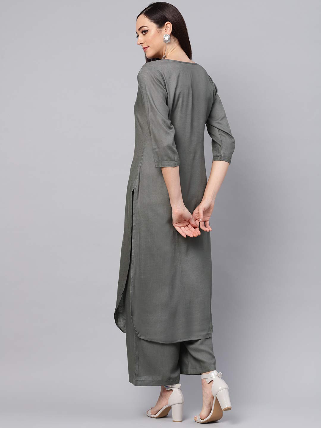 Idalia Grey Rayon Straight Solid Kurta Set For Women 3/4 Sleeve, Round V Neck Designer Kurta Set With Palazzo For Women