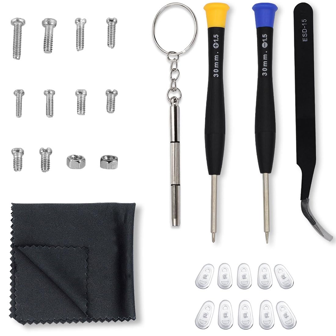 Eyeglass Repair Kit - Glasses Nose Pads Set with Tiny Screws, Nuts, Tweezers, 2 Eyeglass Screwdrivers, and 15 Pairs Eyewear Retainers Ear Grip Hooks for Repairing Eye Glass, Sunglass, Watches, Jewelry
