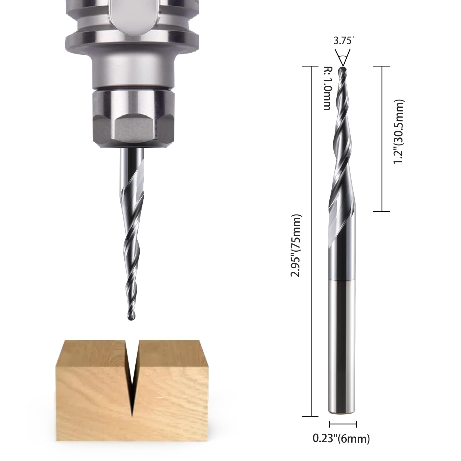 Fresa cónica de cabeza CNC 2 unidades R1.0 fresa de ranura en espiral, vástago de 6 mm 2 flautas fresa de extremo HRC551,0mm de radio CNC con revestimiento AlTiN para grabado 2D/3D (6.0xR1.0X30.5X75L)
