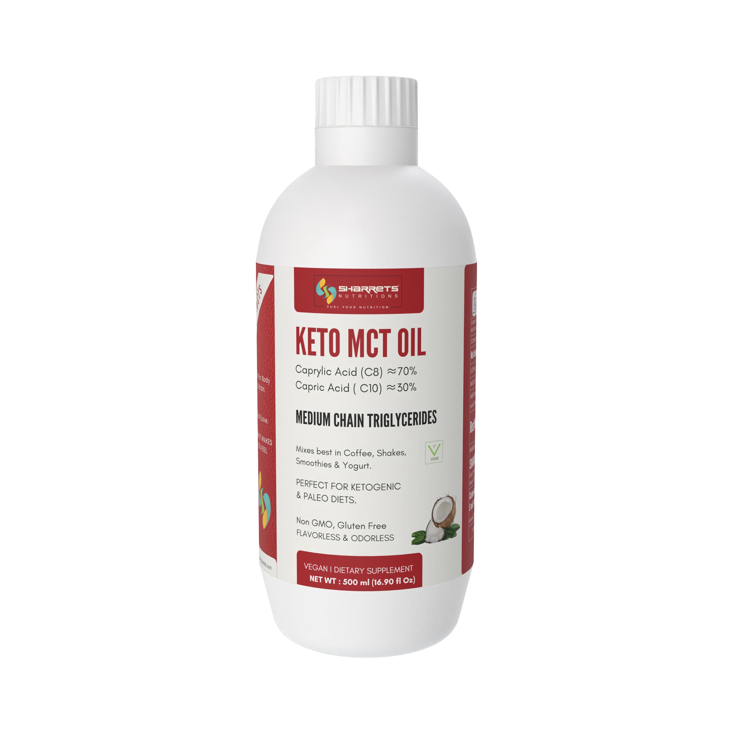 Sharrets Keto MCT Oil - 500ml (C8:70 C10:30) Premium Medium Chain Triglycerides for Bulletproof Coffee, Intermittent Fasting, and Athletic Performance.