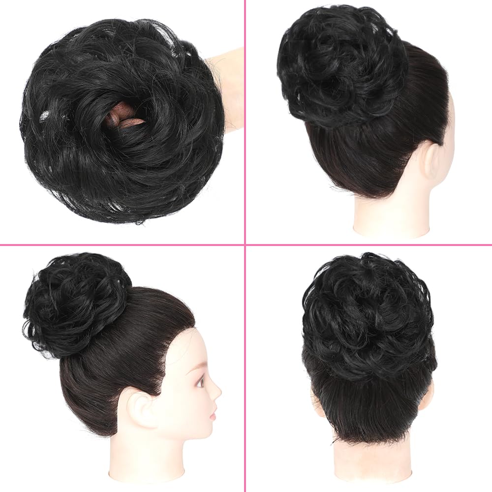 2PCS Messy Bun Hair Piece Wavy Curly Tousled Updo Hair Buns Synthetic Chignon Elastic Hair Band Fake Bun Hair Pieces for Women (Natural Black, 2PCS Diverse) - Image 3