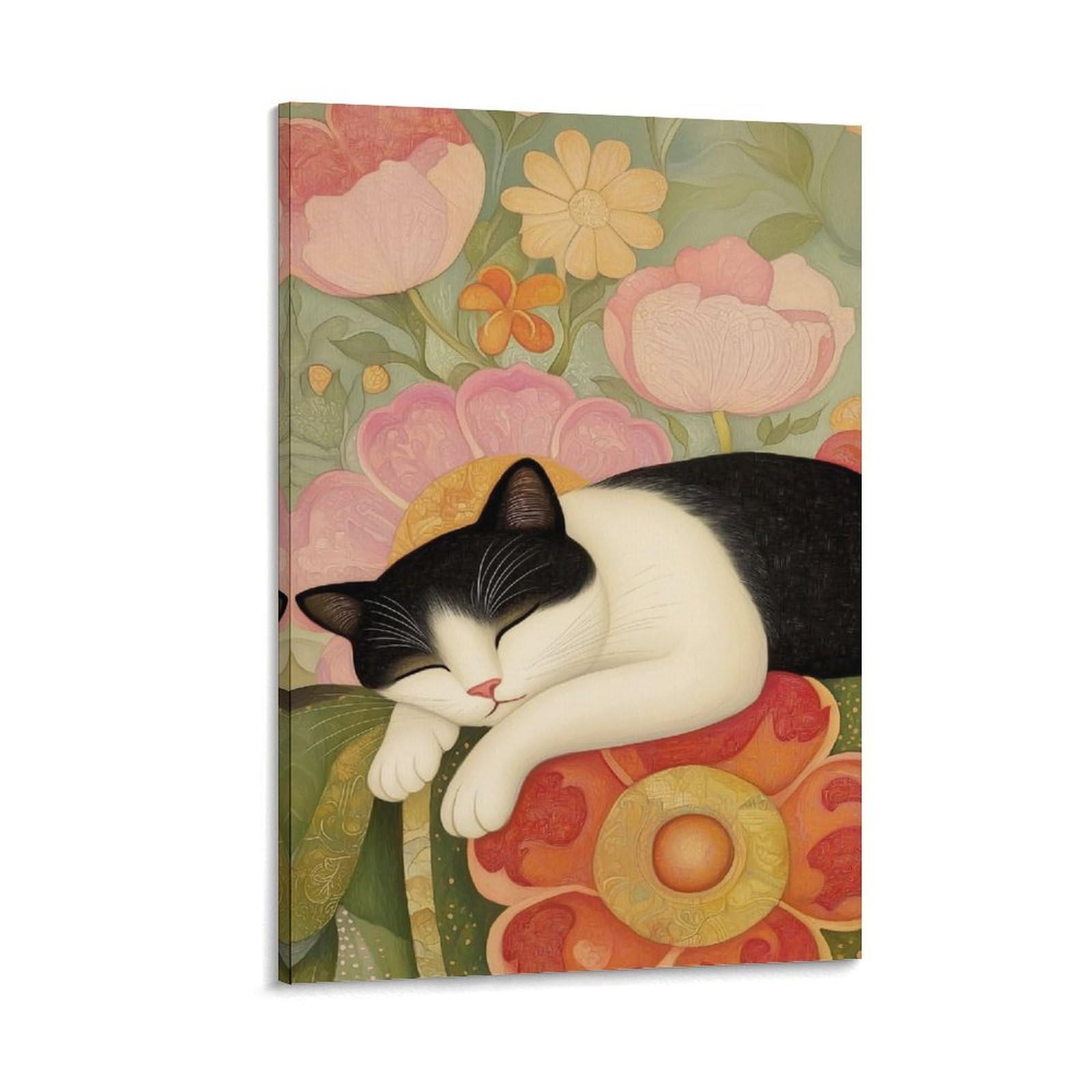 SXDMOUBK A Black And White Cat Is Fast Asleep Among Blooming Flowers. Poster Decorative Painting Canvas Wall Posters Art Picture Print Modern Family Bedroom Decor 24x36inch(60x90cm)