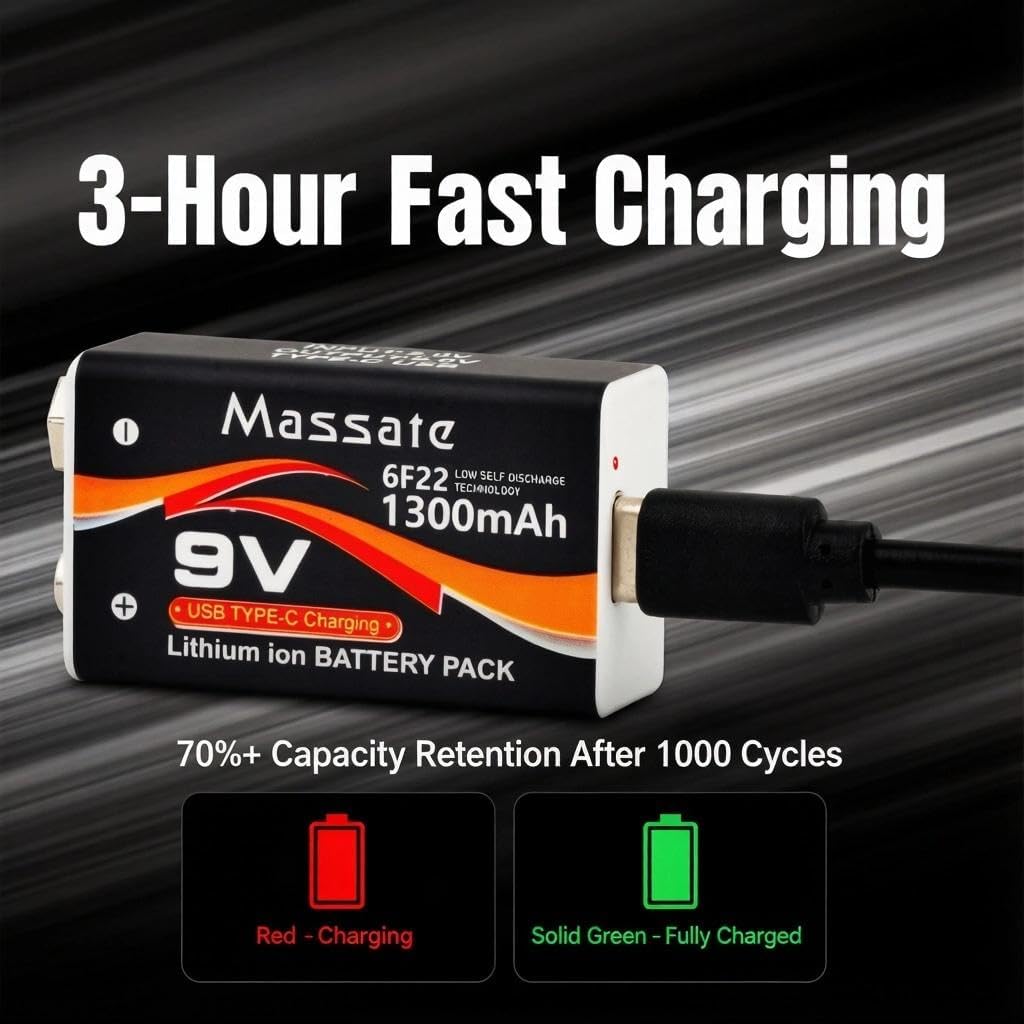2 Pcs 9V Rechargeable Batteries 1300mAh, USB C Rechargeable Lithium Ion Battery with 2 in 1 Charging Cable, Long Lasting 9 Volt Battery for Smoke Detector, Guitar Pedal, Microphone - 5
