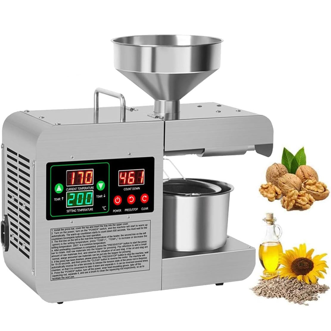 Oil Extractor Machine 820W Cold Hot Press, Commercial Home Kitchen Automatic Organic Oil Maker, 40-240℃ Temperature Adjustable Electric Oil Press Machine