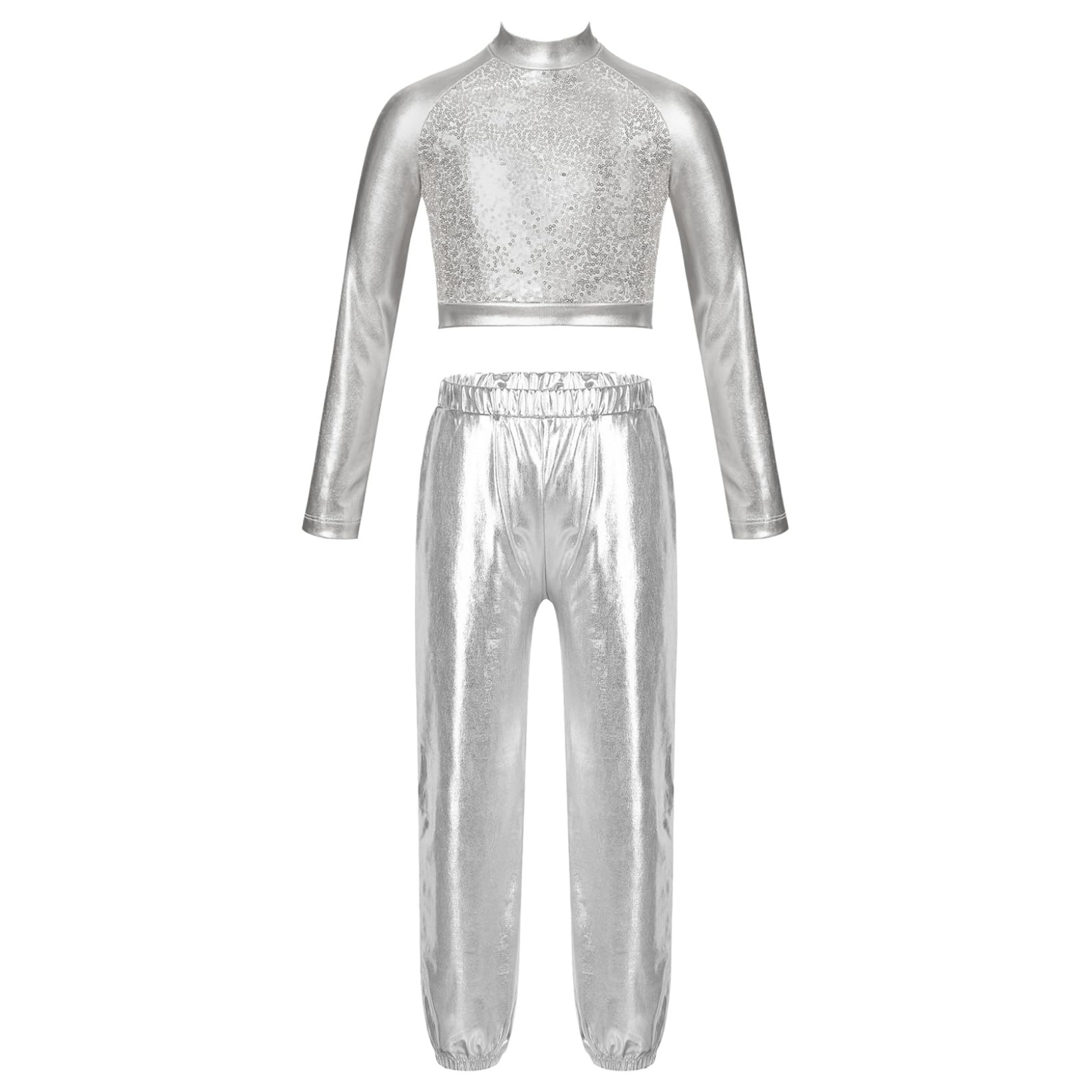 JanJean Kids Girls 2Pcs Dance Tracksuit Shiny Metallic Crop Top with Athletic Sweatpants Jazz Hip Hop Jazz Dance Costume Silver 12 Years