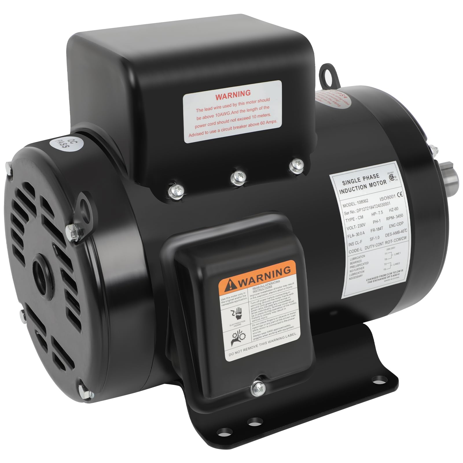 air compressor motor odp 3450rpm, 7.5hp single phase 184t frame motor, 208v-230v, 1-1/8"shaft diameter rolled steel shell