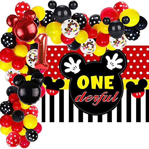 98 Pcs Mickey 1st Birthday Party Supplies 5x3 FT Mickey Onederful Photography Backdrop Mickey Inspired First Year Balloon Arch Garland Kit for Mouse 1st Birthday Baby Shower Party Decorations