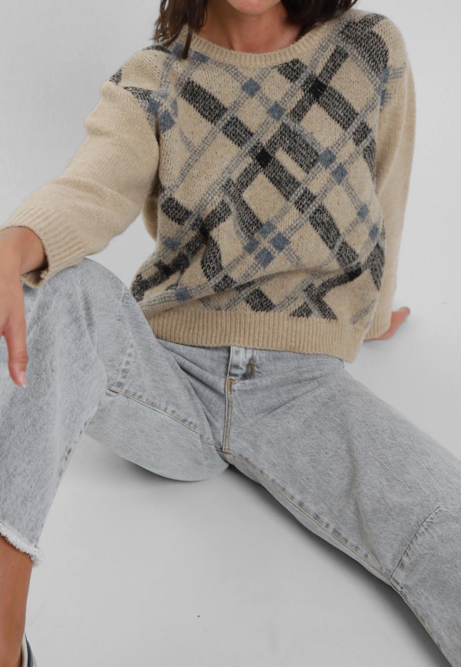 SUSY MIX Maglia Donna Girocollo Jacquard Quadri Tartan