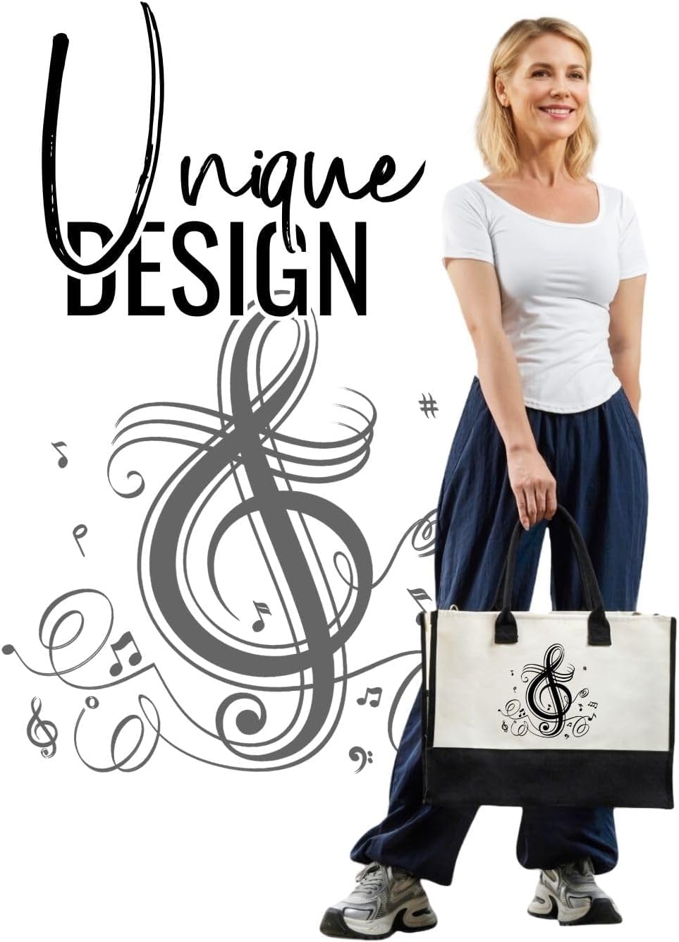 InnoBeta Music Gifts for Women, Canvas Tote Bag with Top Zipper Closure, Cool Music Gifts for Musician, Musical Lover or Teacher on Christmas, Birthday - Treble - Image 4
