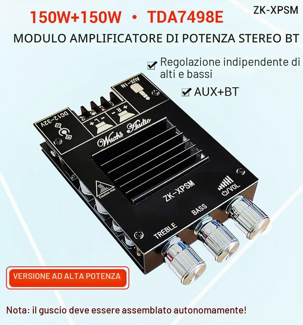 WANGCL ZK-XPSM 150W + 150W TDA7498E Amplificatore di Potenza Audio Equalizzatore BT 5.0 Stereo Subwoofer HiFi Classe D Musica Digitale Home Theater AUX AMP