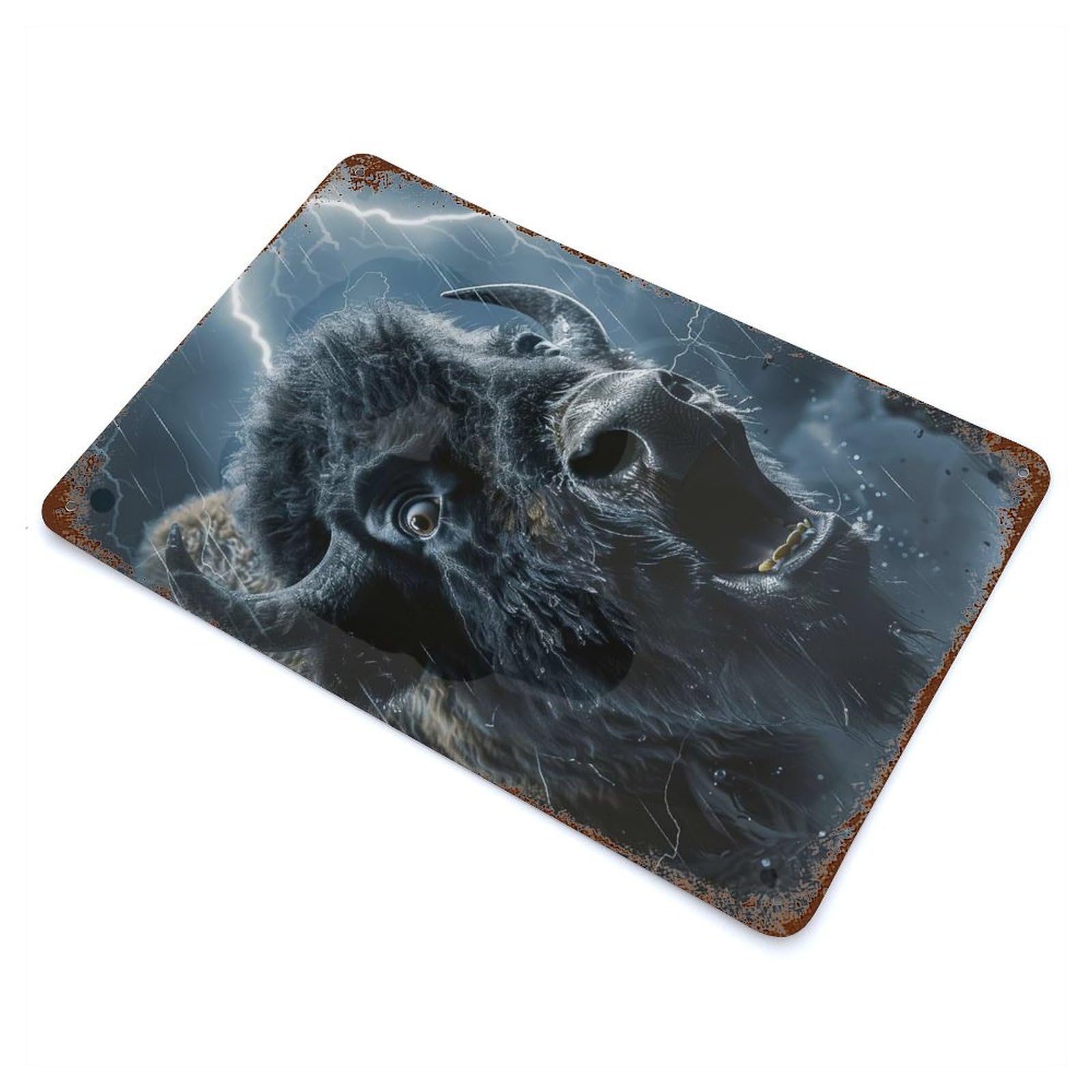 Aged Metal Wall Plaque with Bison Lightning Design 11.8"x7.9", for Pub, Kitchen And Man Cave Decor, Shabby Chic Decor