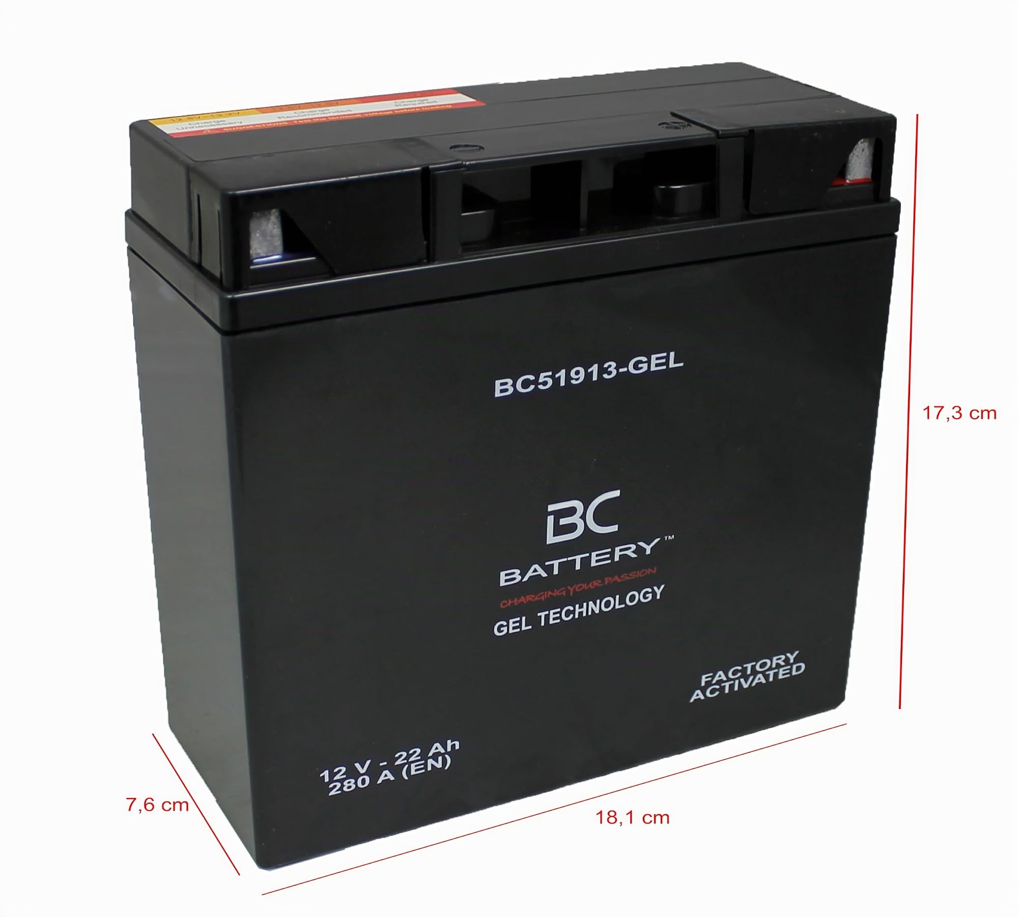 BC BATTERY Batterie de démarrage pour moto avec GEL 12V 22Ah BC51913-GEL Moto&Scooter, sans entretien, scellée, préchargée, similaire à 51913