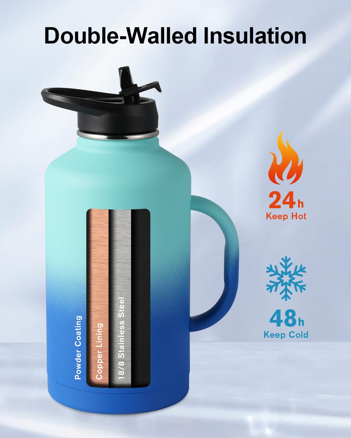 Trebo Stainless Steel 2L Insulated Bottle - Sports Bottle Keeps Water Cold for 48 Hours, Blue, 2000 ml - Image 2