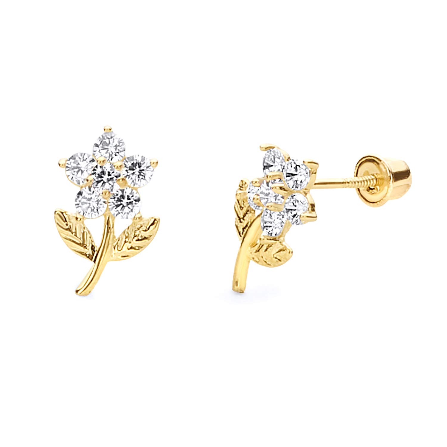 14k Yellow Gold Flower Stud Earrings with Screw Back - 2 Different Color Available