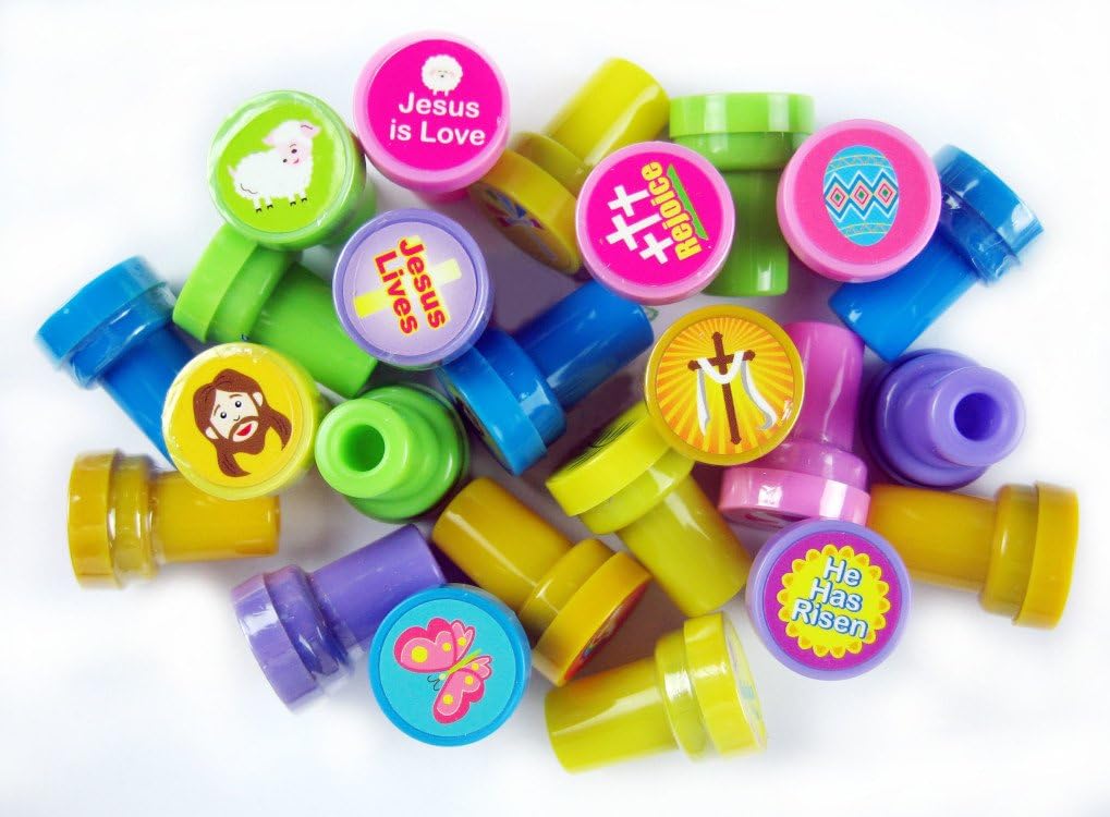 Tiny Mills 24 Pcs He Lives Jesus Stampers for Kids Easter Egg Fillers Basket Stuffers VBS Sunday School Rewards Prizes