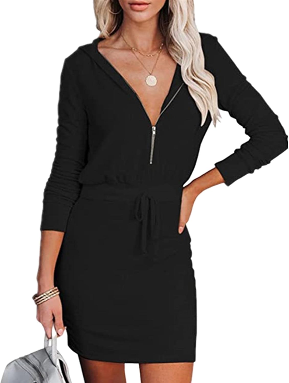 SOMTHRON Women's Casual Bodycon Hoodie Dress Zip Up Long