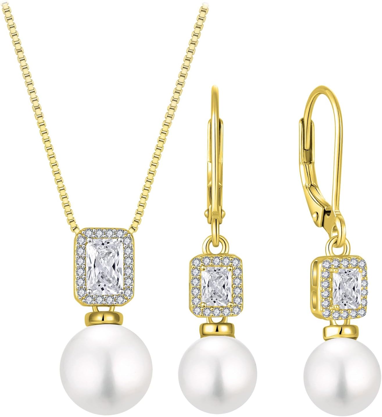 18K Gold Plated Pearl Jewelry Set 925 Sterling Silver Cubic Zirconia and Pearl Necklace Earrings April Birthstone Jewelry for Women