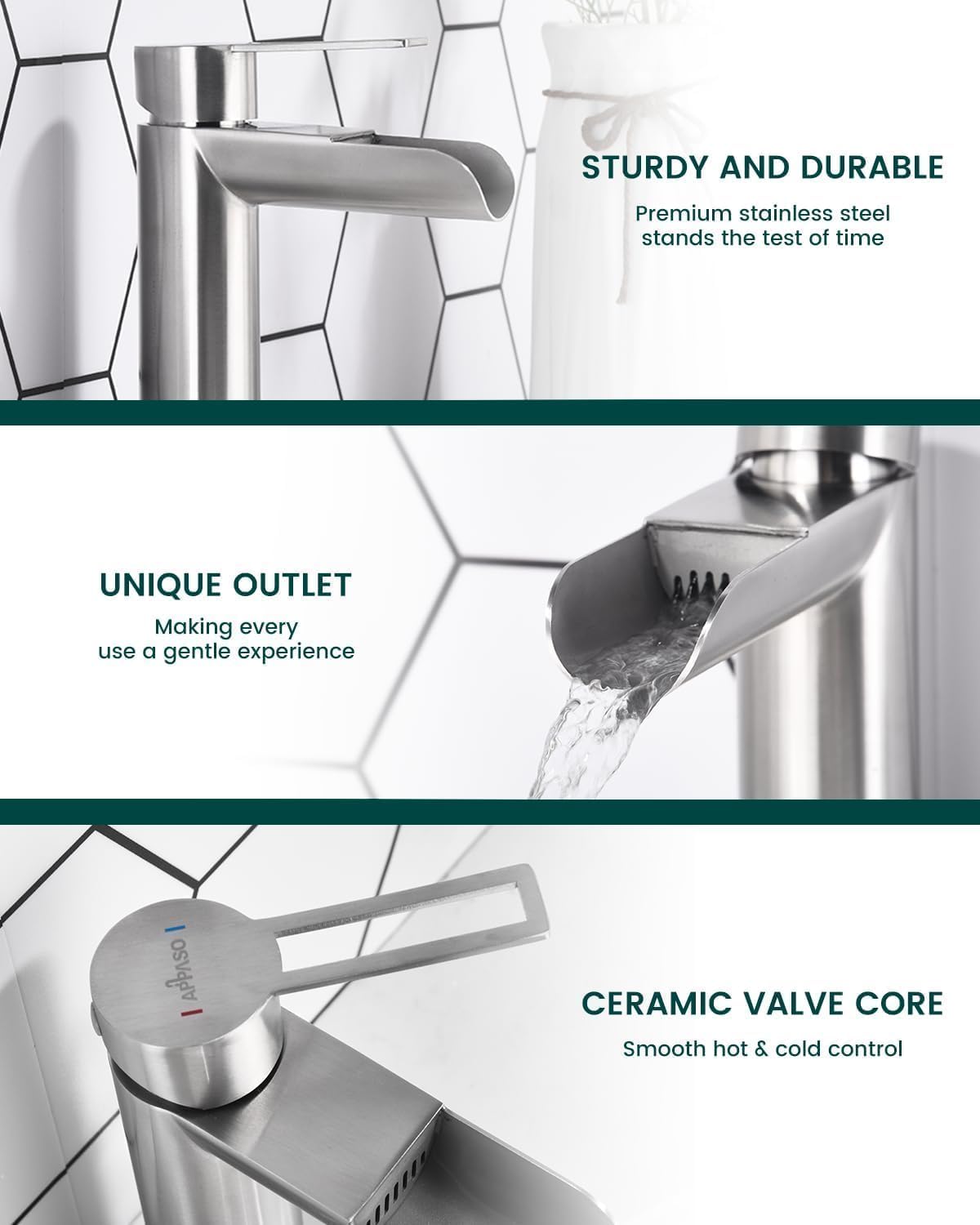 APPASO Brushed Nickel Bathroom Faucet 1 Hole, Single Handle Stainless Steel Sink Faucet with Pop-Up Drain and Deck Plate, Easy Installation Single Hole Waterfall Faucets for Bathroom Vanity Laundry