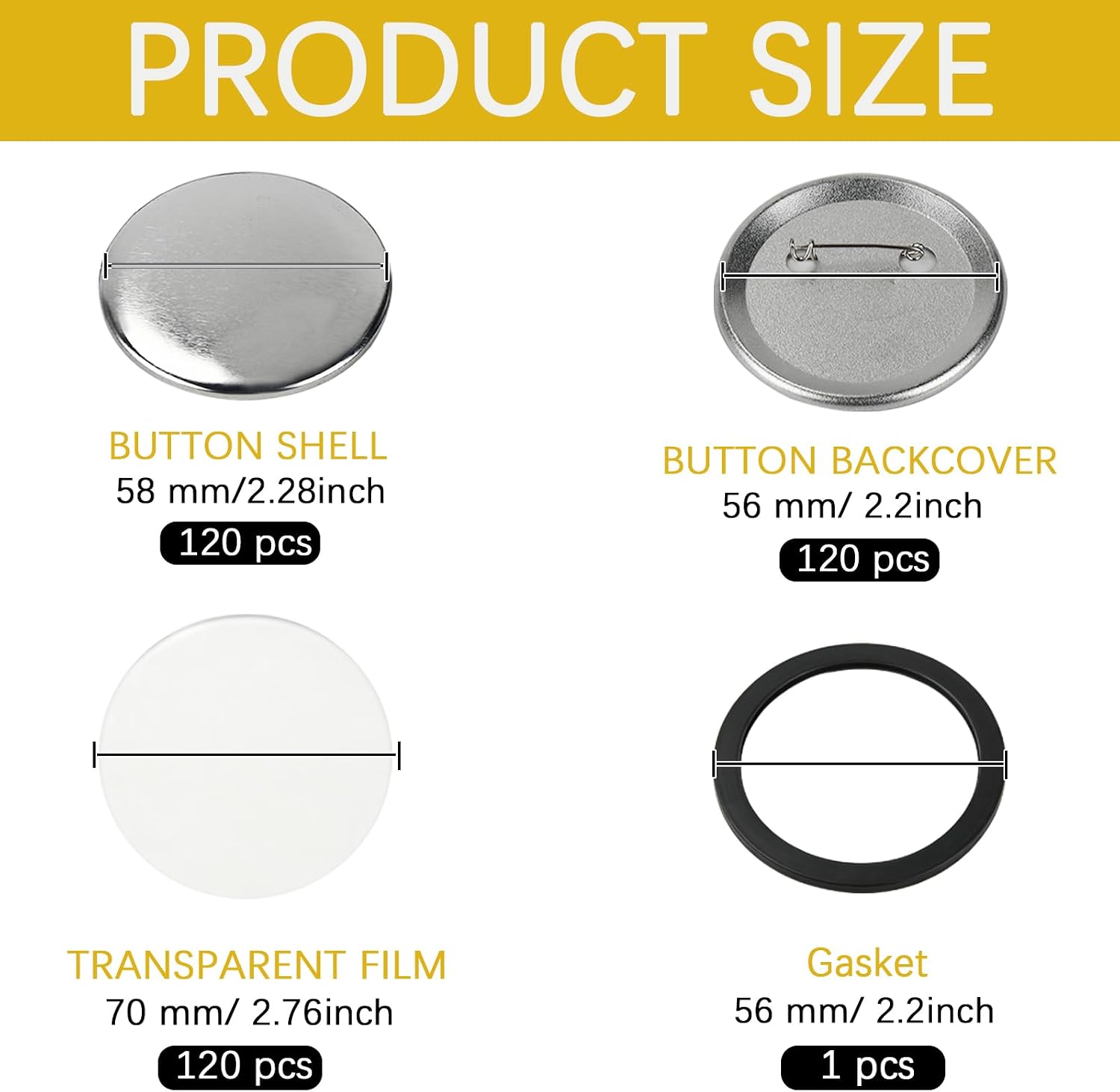 120 Sets 2.25 Inch Button Making Supplies 58mm Button Supplies with Metal Pin Backs DIY Blank Button Parts for Badge Maker Machine Custom Photo Pin Badge Refills Craft Kit